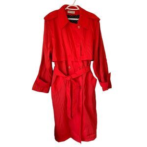 Vintage 80's Forecaster of Boston Long RED Nylon Belted Trench Raincoat Size 14